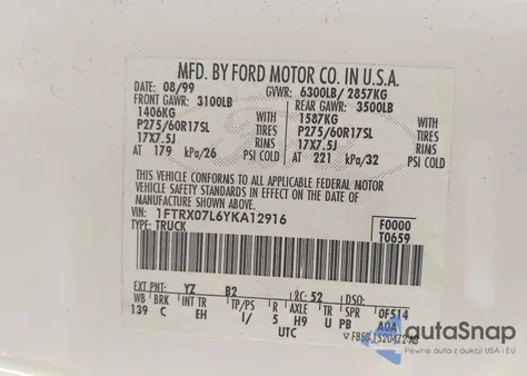 2000 Ford F-150 Lariat/Xl/Xlt из США, поврежденный, VIN 1FTRX07L6YKA12916